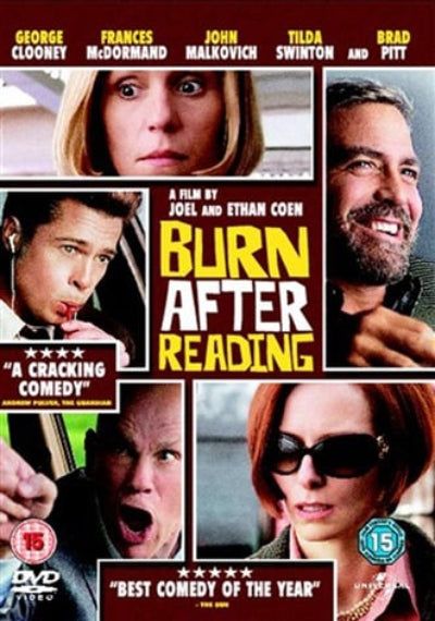 Movie poster for 'Burn After Reading' featuring actors and critical acclaim text.