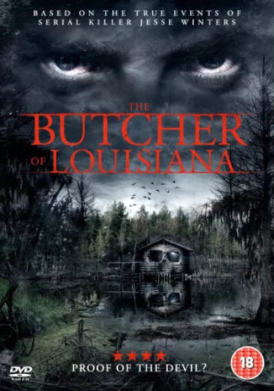 Movie poster for 'The Butcher of Louisiana' with a dark forest and cabin scene.