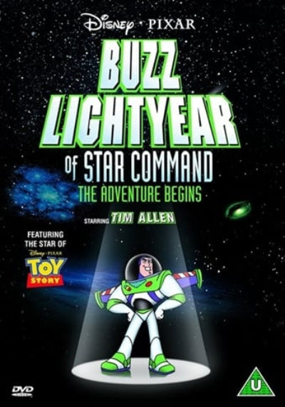 Promotional poster for 'Buzz Lightyear of Star Command: The Adventure Begins' featuring Buzz Lightyear in space.