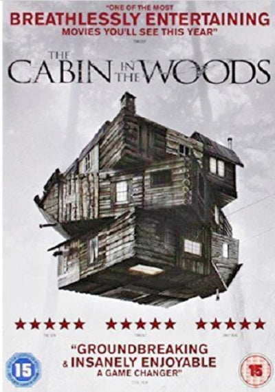Movie poster for 'The Cabin in the Woods' with a wooden cabin design.