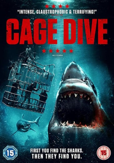Movie poster for 'Cage Dive' featuring a shark and people in a cage.