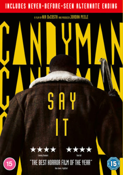 Movie poster for 'Candyman: Say It' with a silhouette and text on a black background
