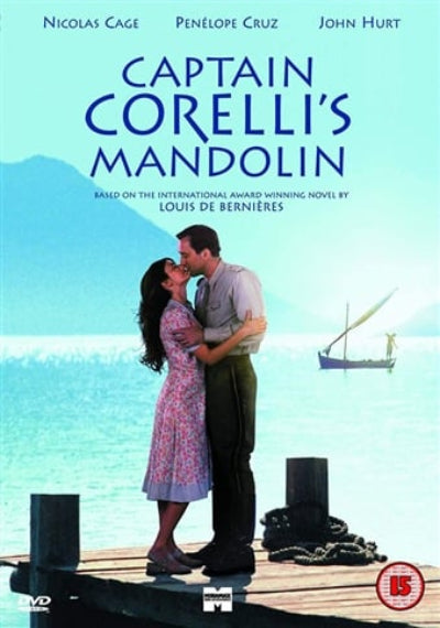 Movie poster for 'Captain Corelli's Mandolin' with a couple embracing on a dock.