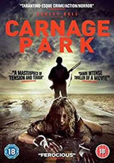 Movie poster for 'Carnage Park' with a silhouette and a person lying on the ground.
