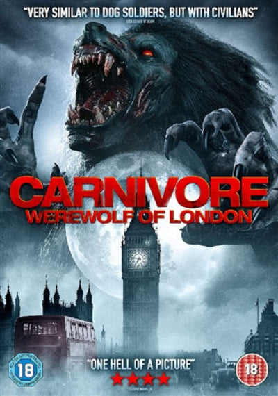 Movie poster for 'Carnivore: Werewolf of London' featuring a werewolf and Big Ben.