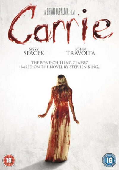 Movie poster for 'Carrie' featuring a woman in a blood-stained dress on a white background.