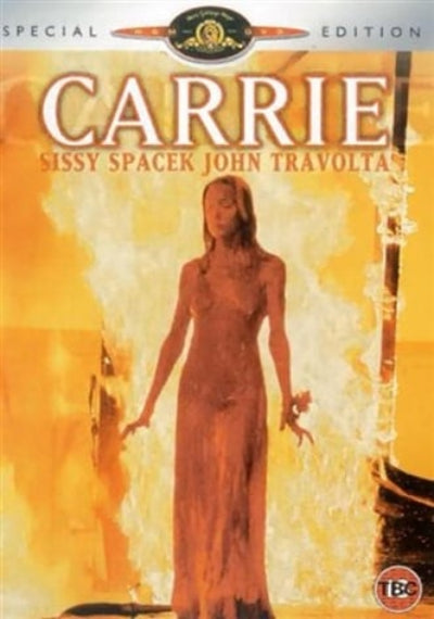 Movie poster for 'Carrie' featuring a woman in a dress with a fiery background.