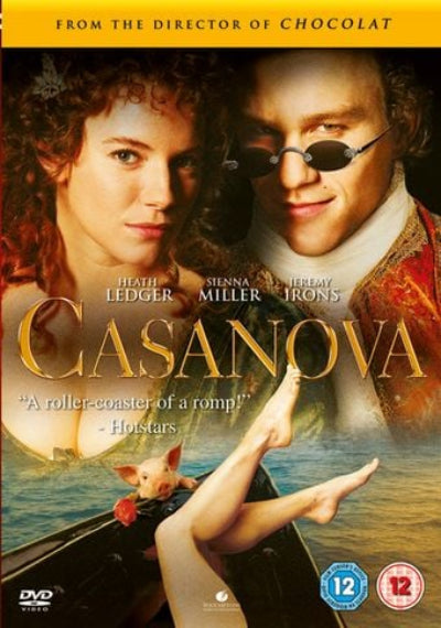 Movie poster for 'Casanova' featuring two characters in a romantic scene with text about the director and actors.