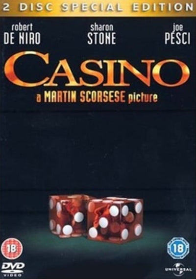 Casino DVD cover with dice and actor names on a dark background