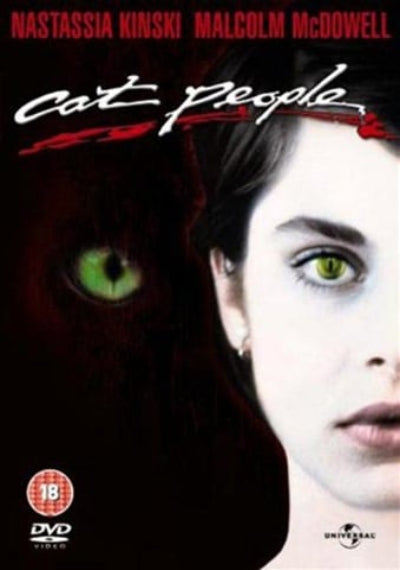 Movie poster for 'Cat People' featuring a woman and a black cat with green eyes.