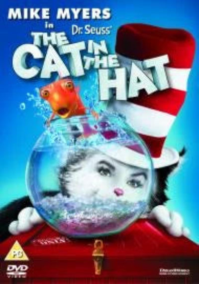 Poster for 'The Cat in the Hat' featuring Mike Myers, with a blue background and character holding a fishbowl.