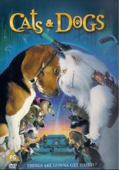DVD cover of 'Cats & Dogs' with two dogs and text on a blue background