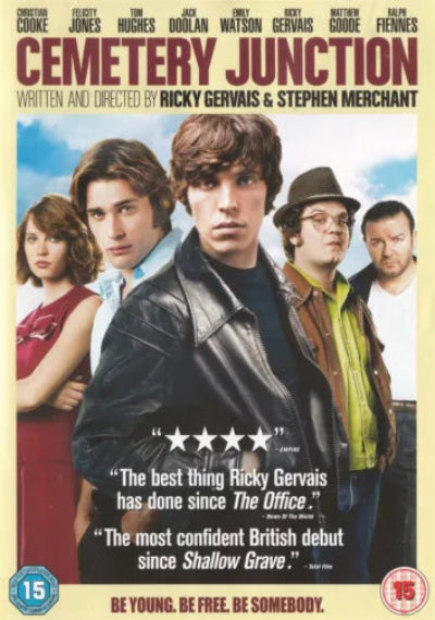 Movie poster for 'Cemetery Junction' featuring four main characters against a yellow background.