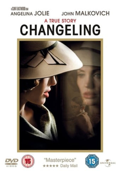 Movie poster for 'Changeling' featuring two women in hats with text about Angelina Jolie and John Malkovich.