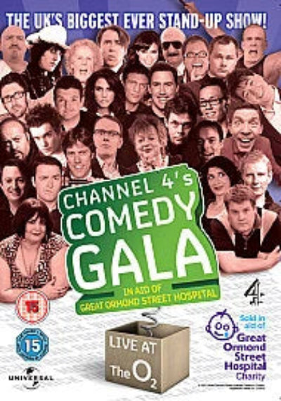 Promotional poster for Channel 4's Comedy Gala featuring a collage of comedians and text about the event.