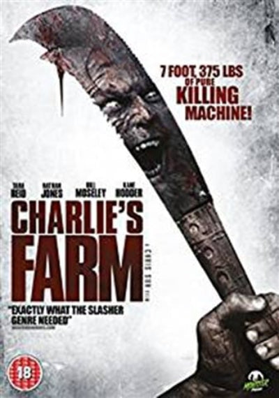 Movie poster for 'Charlie's Farm' featuring a large knife and text about its weight and power.