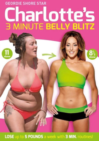 Advertisement for 'Charlotte's 3 Minute Belly Blitz' showing a before-and-after transformation of a woman.