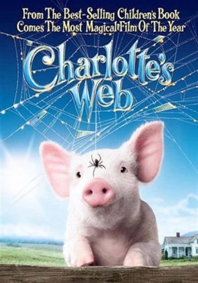 Poster of 'Charlotte's Web' with a pig and spider on a web against a blue sky.