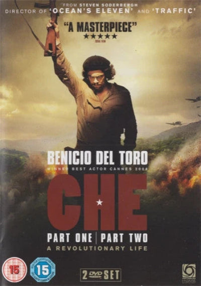 DVD cover of 'Che' with Benicio Del Toro holding a rifle, set against a desert landscape.