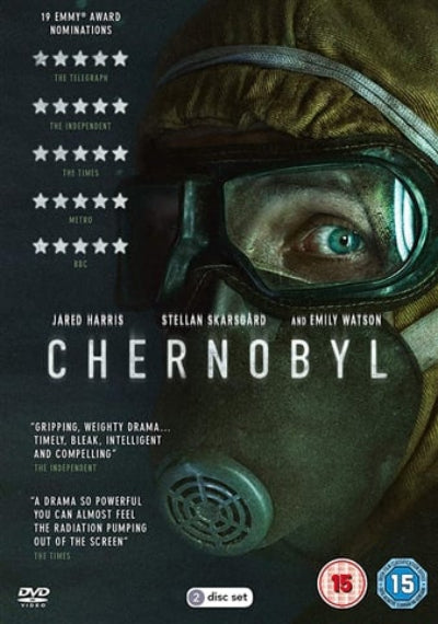 Movie poster for 'Chernobyl' featuring a person in a gas mask with text about the show's nominations and critical acclaim.