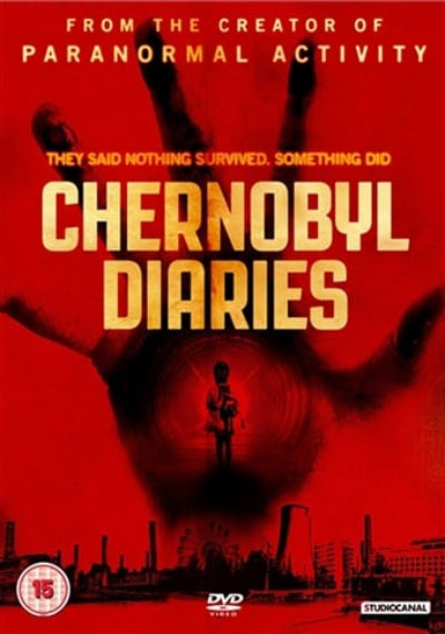 Movie poster for 'Chernobyl Diaries' with a red background and silhouette of a person.