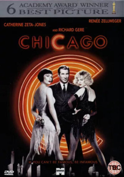 Movie poster for 'Chicago' featuring three main characters against a black background with text and awards.