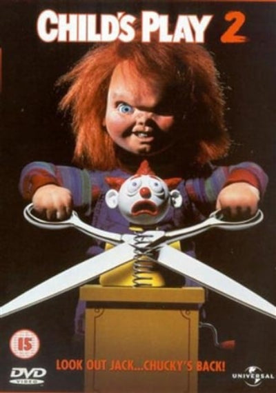 DVD cover of 'Child's Play 2' featuring Chucky the doll with a knife.