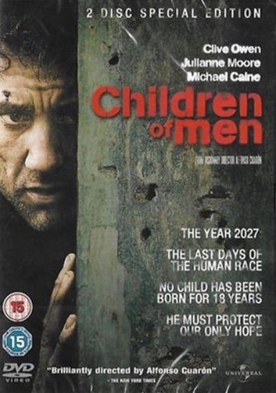 DVD cover of 'Children of Men' with a man's face and text about the film.