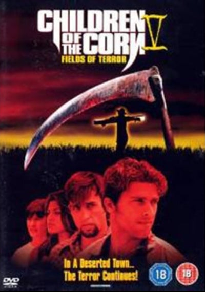 DVD cover of 'Children of the Corn V: Fields of Terror' with a knife and silhouette against a sunset sky.