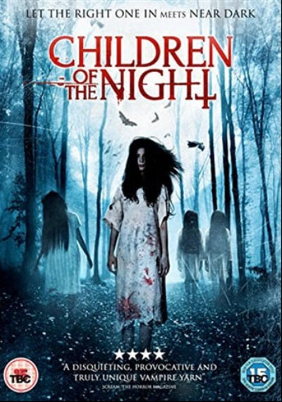 Movie poster for 'Children of the Night' with a woman in a white dress in a forest setting.