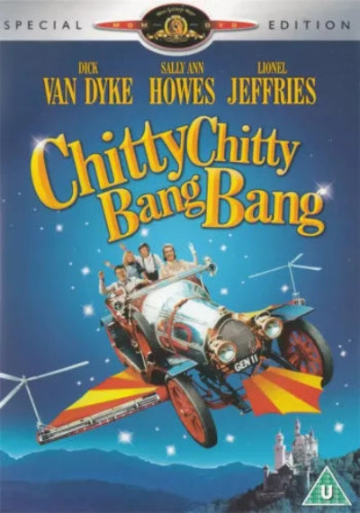 Movie poster for 'Chitty Chitty Bang Bang' with a blue background and vintage car illustration.