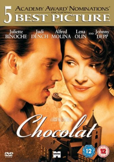 Movie poster for 'Chocolat' featuring two characters with text about Academy Award nominations.