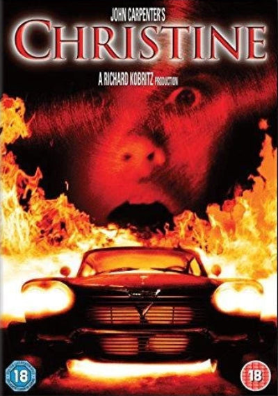 DVD cover of 'Christine' with a car and creature in flames, featuring John Carpenter's name.