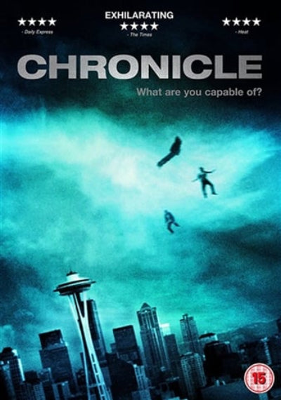 Movie poster for 'Chronicle' with silhouettes against a city skyline.