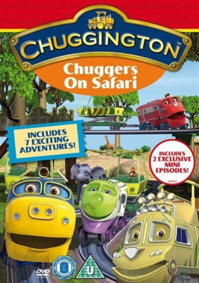 DVD cover of 'Chuggington: Chuggers on Safari' with cartoon trains and safari elements.