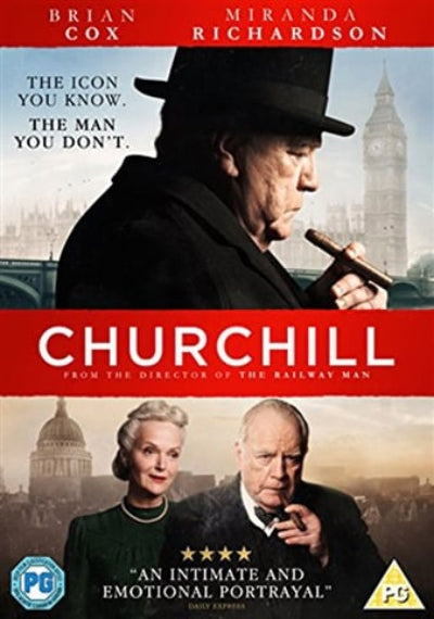 Movie poster for 'Churchill' featuring a man in a top hat and another with a woman, set against a cityscape.