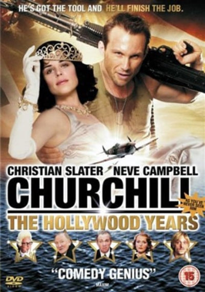 Movie poster for 'Churchill: The Hollywood Years' featuring Christian Slater and Neve Campbell.
