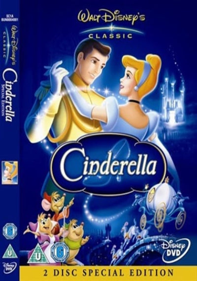 DVD cover of 'Cinderella' with characters and castle on a blue background