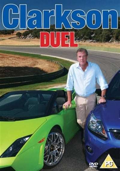 Man leaning against a green car next to a blue car on a racetrack, with 'Clarkson Duel' text above.