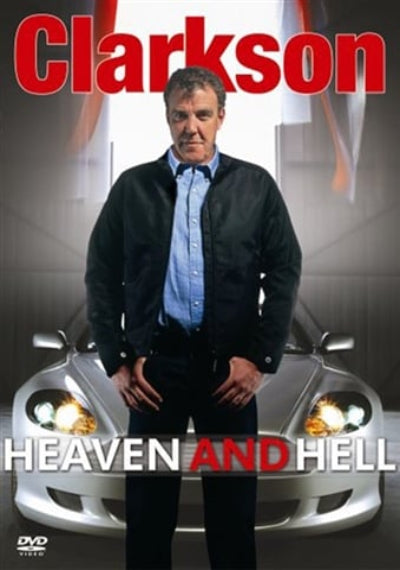 Man standing in front of a car with 'Clarkson' and 'Heaven and Hell' text on a gray background