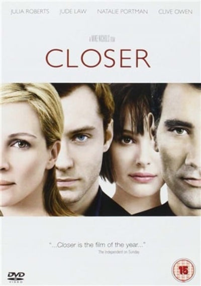 Movie poster for 'Closer' featuring four faces on a white background