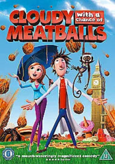 Movie poster for 'Cloudy with a Chance of Meatballs' featuring two characters and a cityscape.