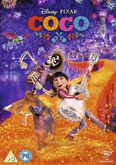 Promotional poster for Disney Pixar's 'Coco' with characters and colorful text.