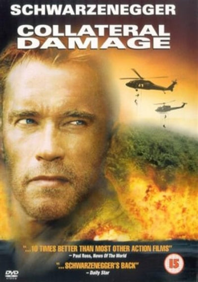 Movie poster for 'Collateral Damage' featuring Arnold Schwarzenegger with helicopters and explosions in the background.