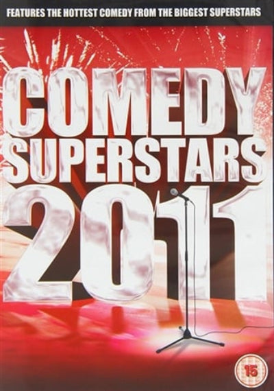 DVD cover for 'Comedy Superstars 2011' with a red background and microphone stand.