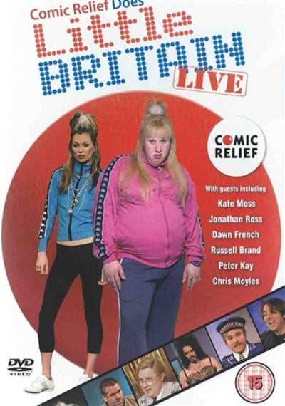 DVD cover of 'Comic Relief Does Little Britain Live' featuring two women and a list of guests.