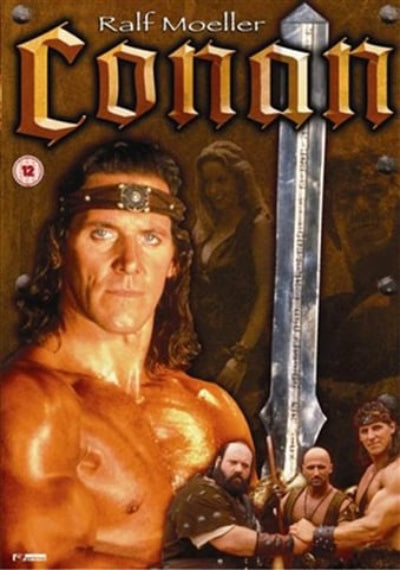 Movie poster for 'Conan' featuring a muscular man with a sword and other characters in the background.