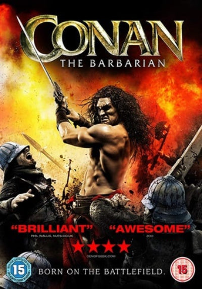 Movie poster for 'Conan the Barbarian' with a warrior holding a sword against a fiery background.