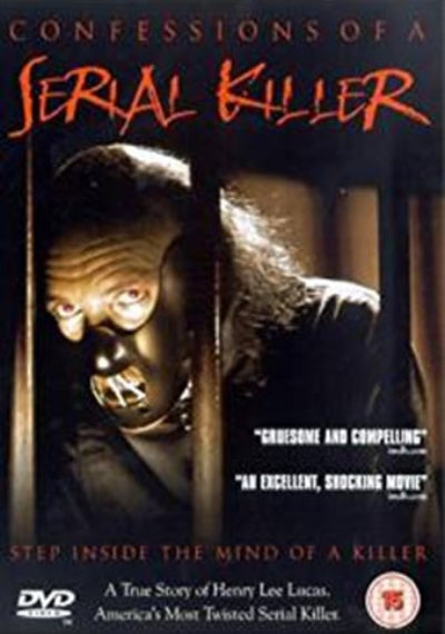 DVD cover for 'Confessions of a Serial Killer' featuring a dark, eerie portrait of a masked figure behind bars, with red title text and white review quotes on a black background.