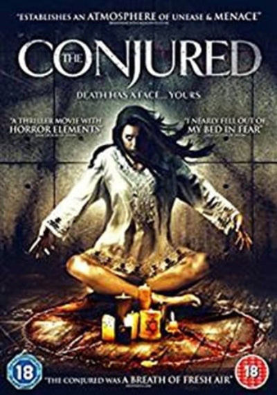 Movie poster for 'The Conjured' with a woman in a white dress sitting on a circle of candles.